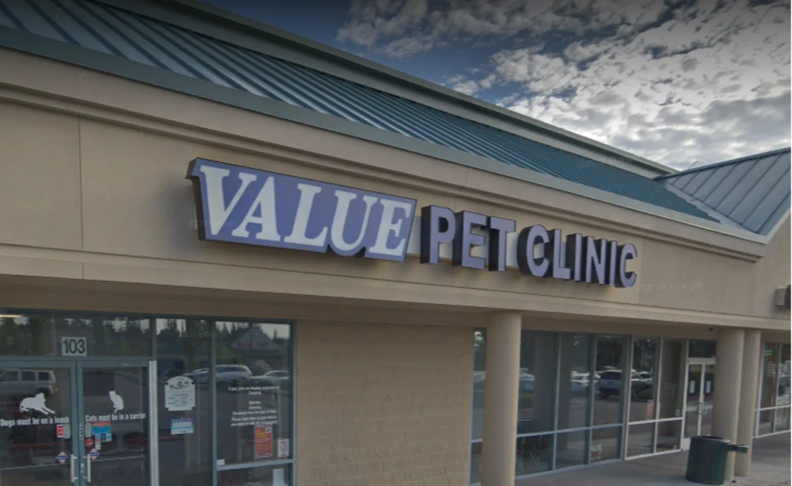 Photo of the front of the building of Value Pet Clinic - Renton displaying the sign "Value Pet Clinic"